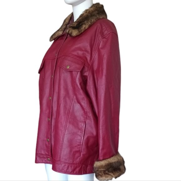 Terry Lewis Large Genuine Leather Jacket Red Snap Up Trucker Faux Fur Lining 1X - Picture 3 of 16